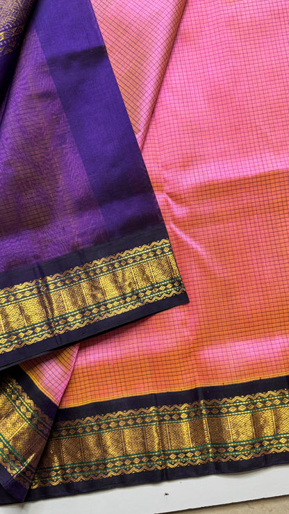 Thread Checks Pure Silk Cotton Saree with Korvai Border