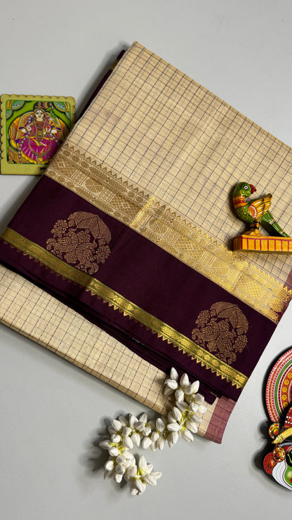 Thread Checks Pure Silk Cotton Saree with Korvai Border