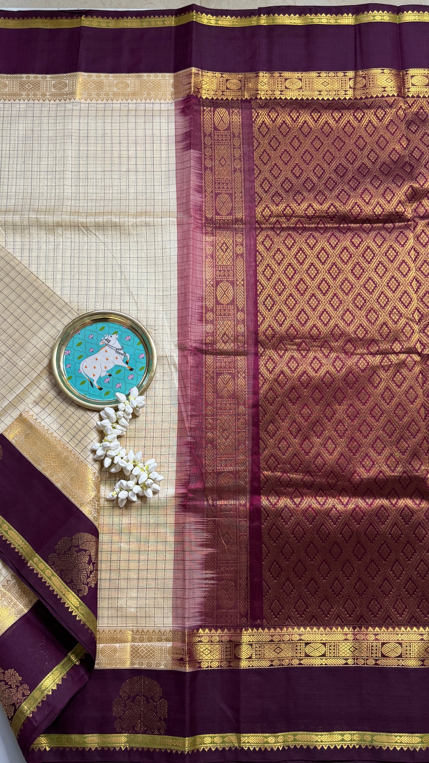 Thread Checks Pure Silk Cotton Saree with Korvai Border
