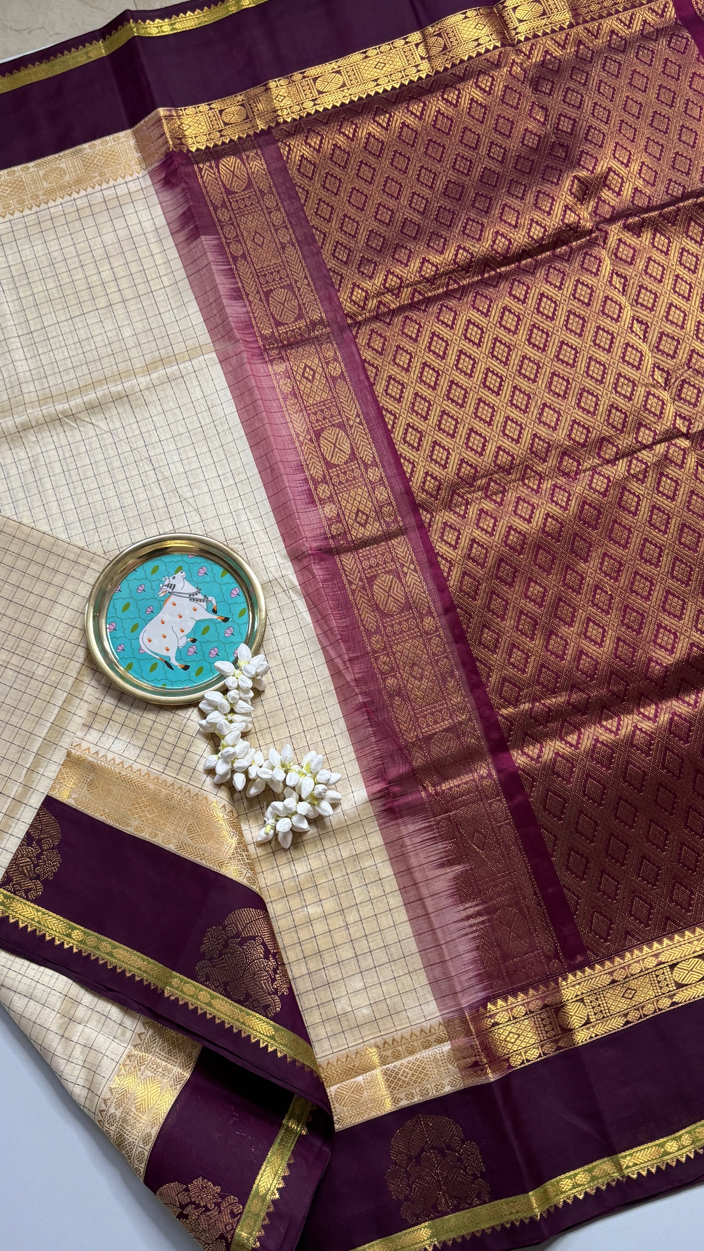Thread Checks Pure Silk Cotton Saree with Korvai Border