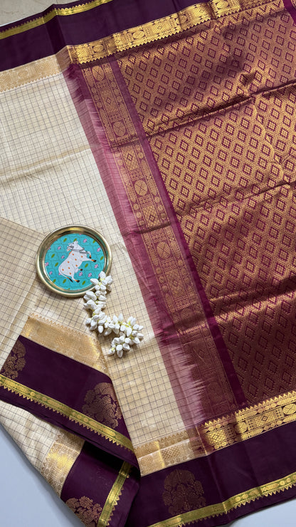 Thread Checks Pure Silk Cotton Saree with Korvai Border