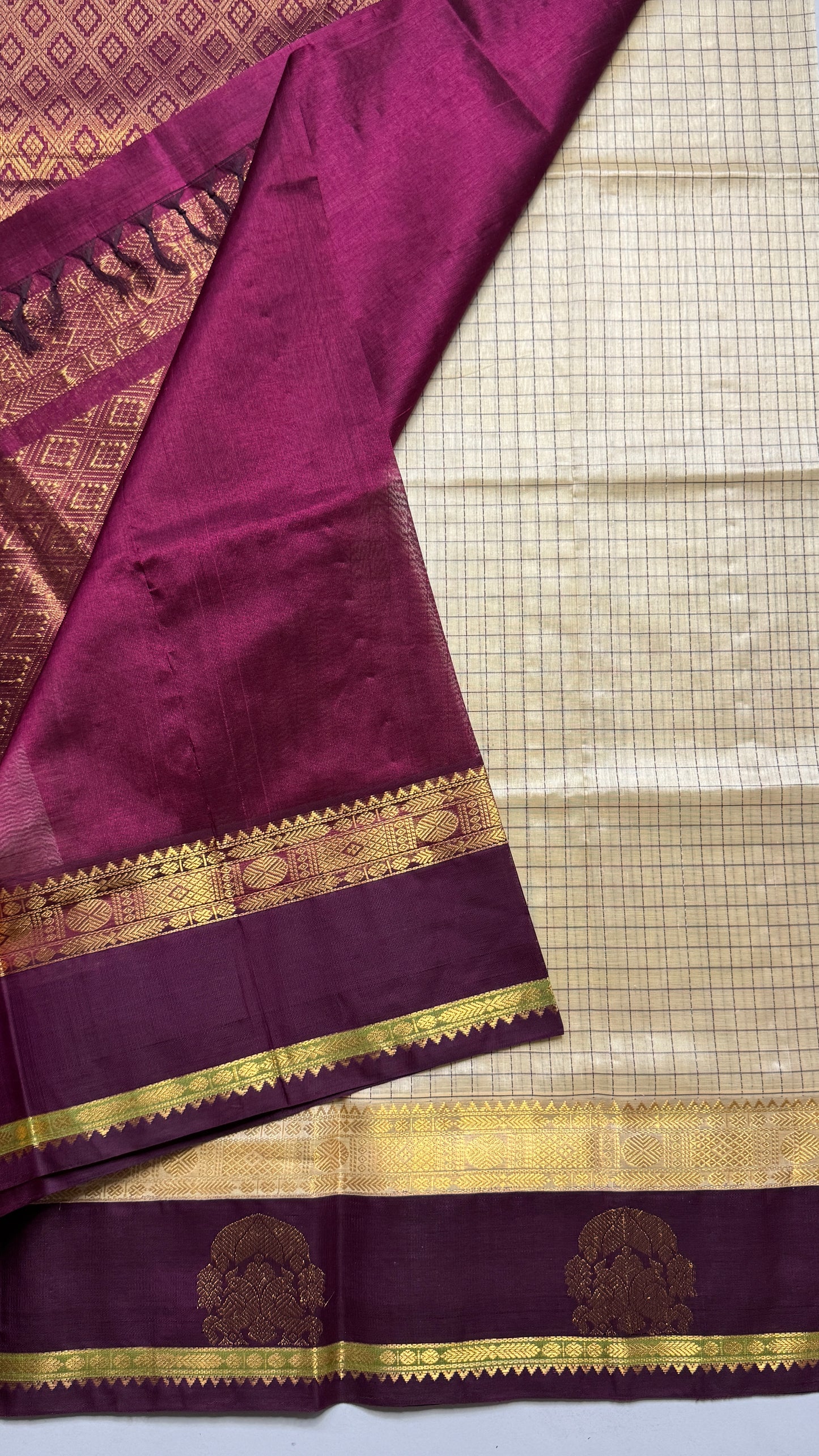 Thread Checks Pure Silk Cotton Saree with Korvai Border