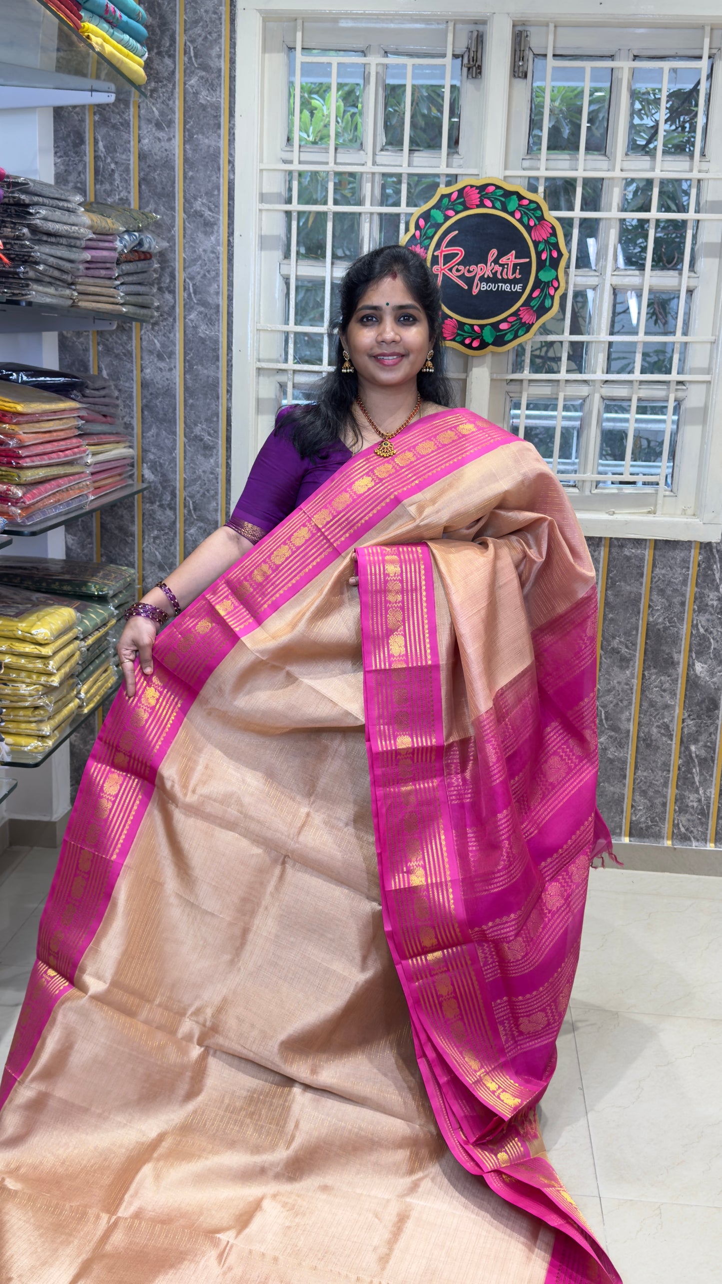 Zari Lines Pure Silk Cotton Saree with Korvai Border