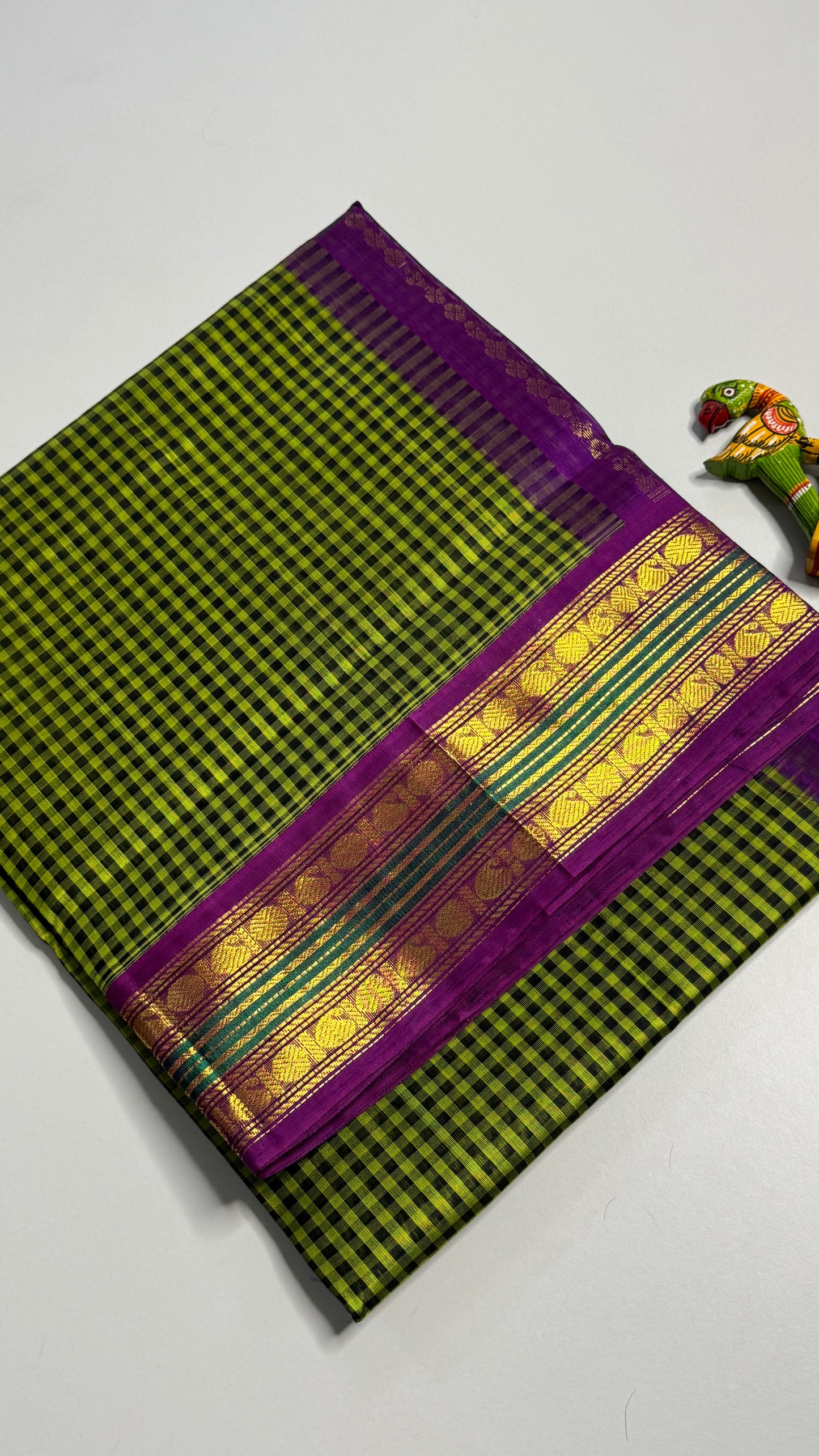 Green & Black Checks Pure Silk Cotton with Korvai Border