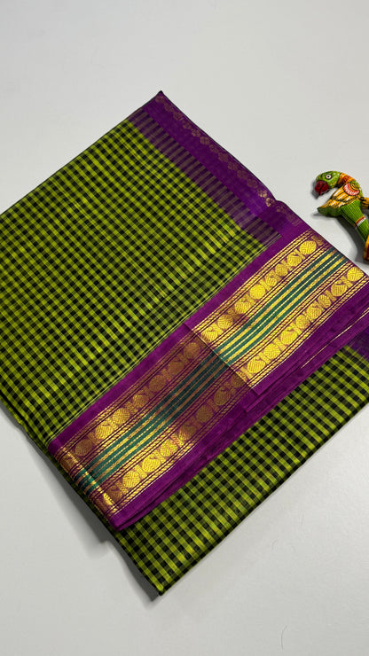 Green & Black Checks Pure Silk Cotton with Korvai Border