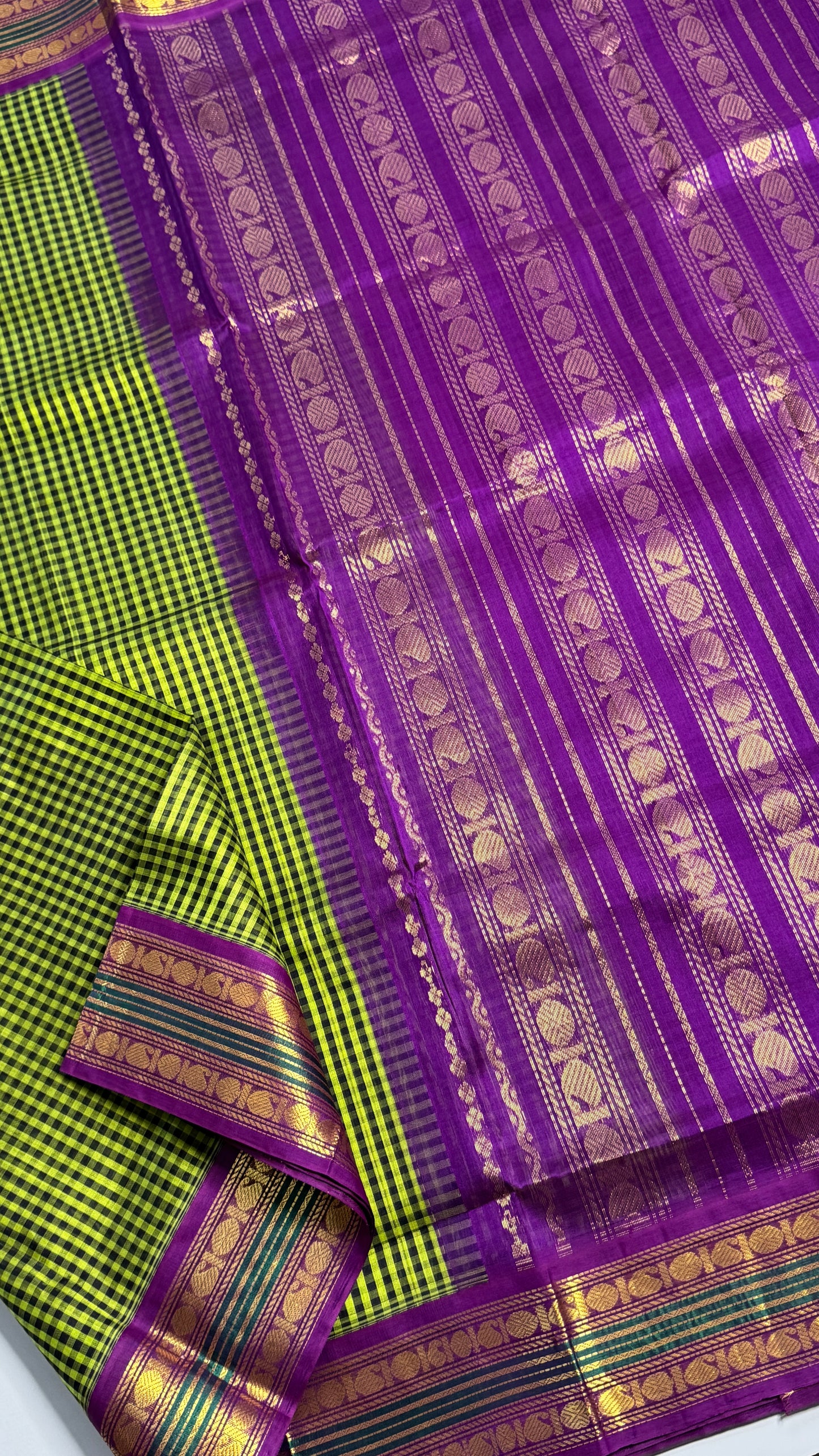 Green & Black Checks Pure Silk Cotton with Korvai Border