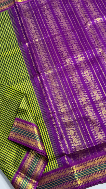 Green & Black Checks Pure Silk Cotton with Korvai Border