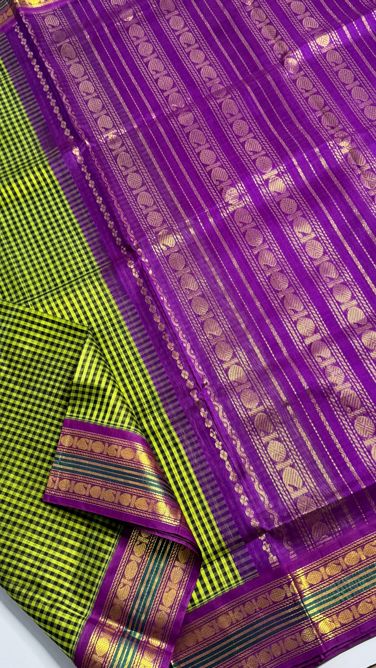 Green & Black Checks Pure Silk Cotton with Korvai Border