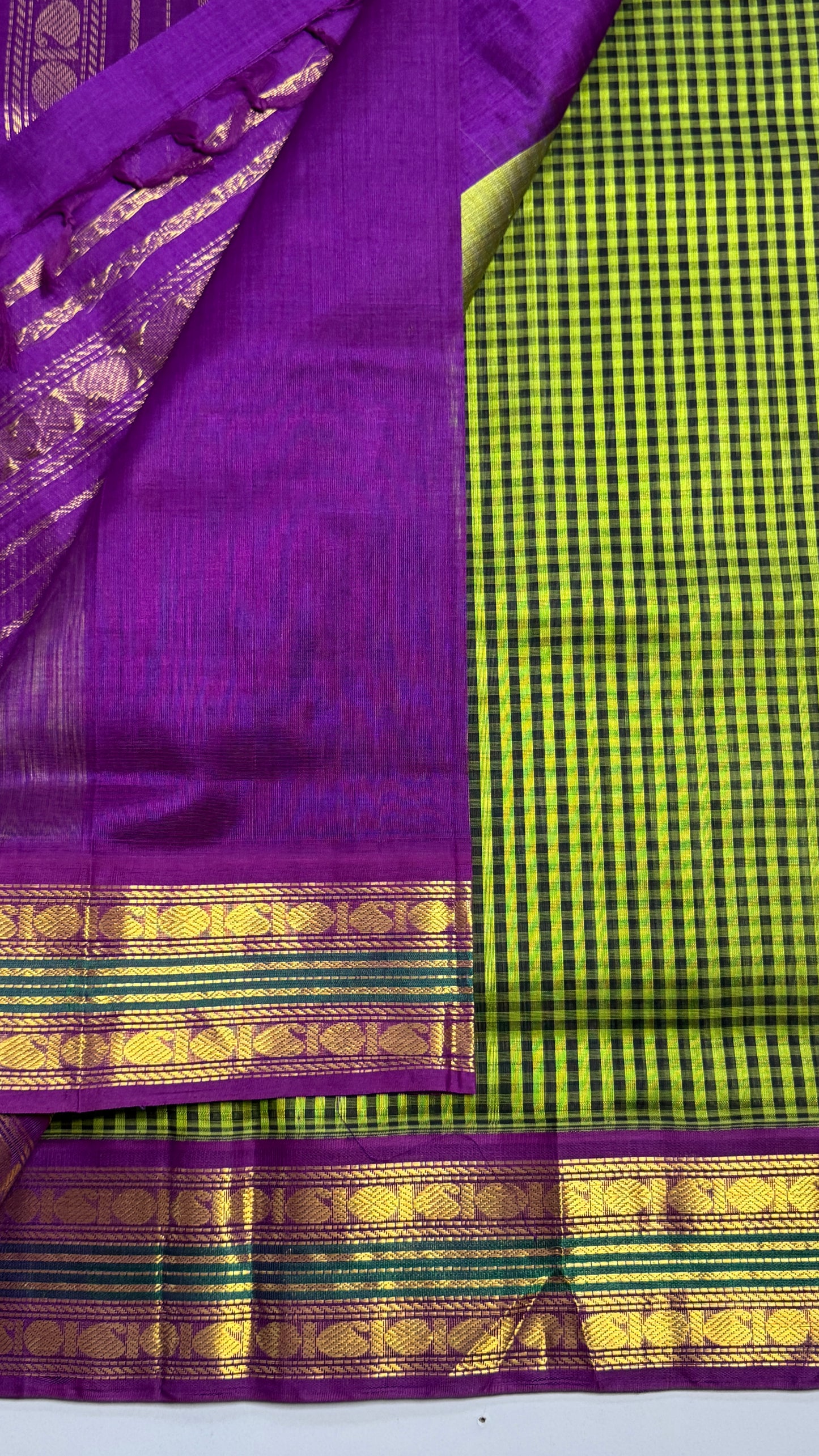 Green & Black Checks Pure Silk Cotton with Korvai Border