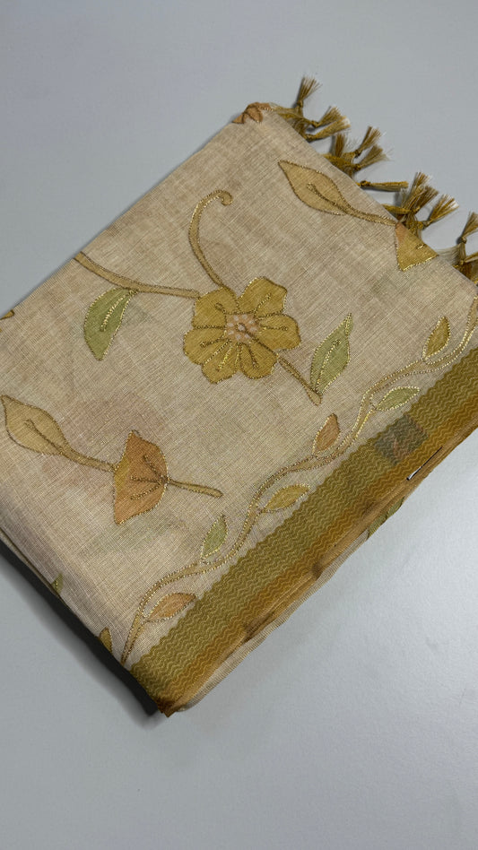 Tissue linen Saree with Pitta Work Embroidery Saree