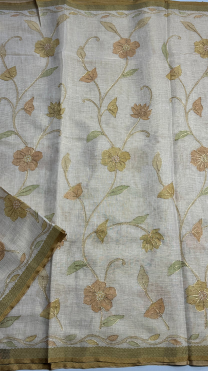 Tissue linen Saree with Pitta Work Embroidery Saree