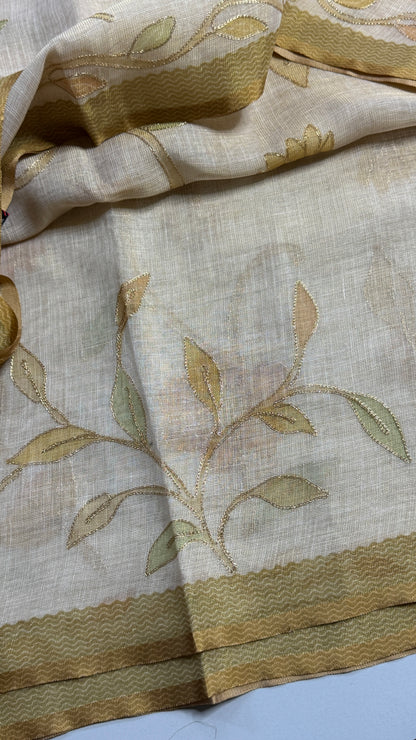 Tissue linen Saree with Pitta Work Embroidery Saree