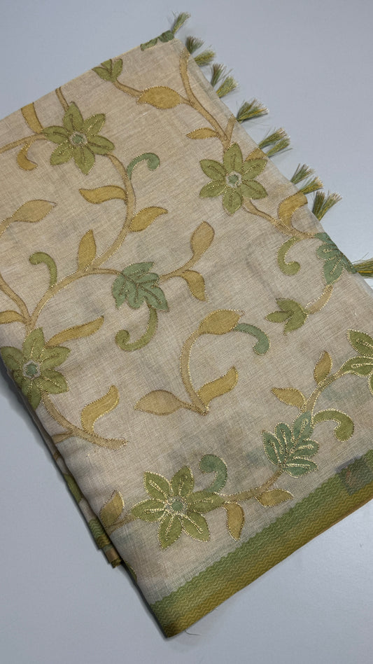 Tissue linen Saree with Pitta Work Embroidery Saree