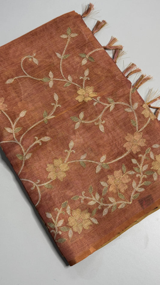 Tissue linen Saree with Pitta Work Embroidery Saree