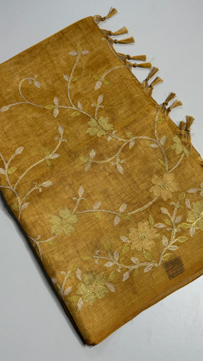 Tissue linen Saree with Pitta Work Embroidery Saree
