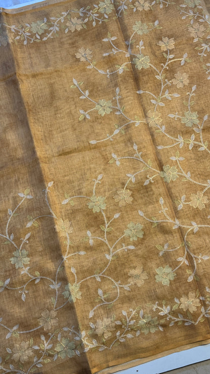 Tissue linen Saree with Pitta Work Embroidery Saree