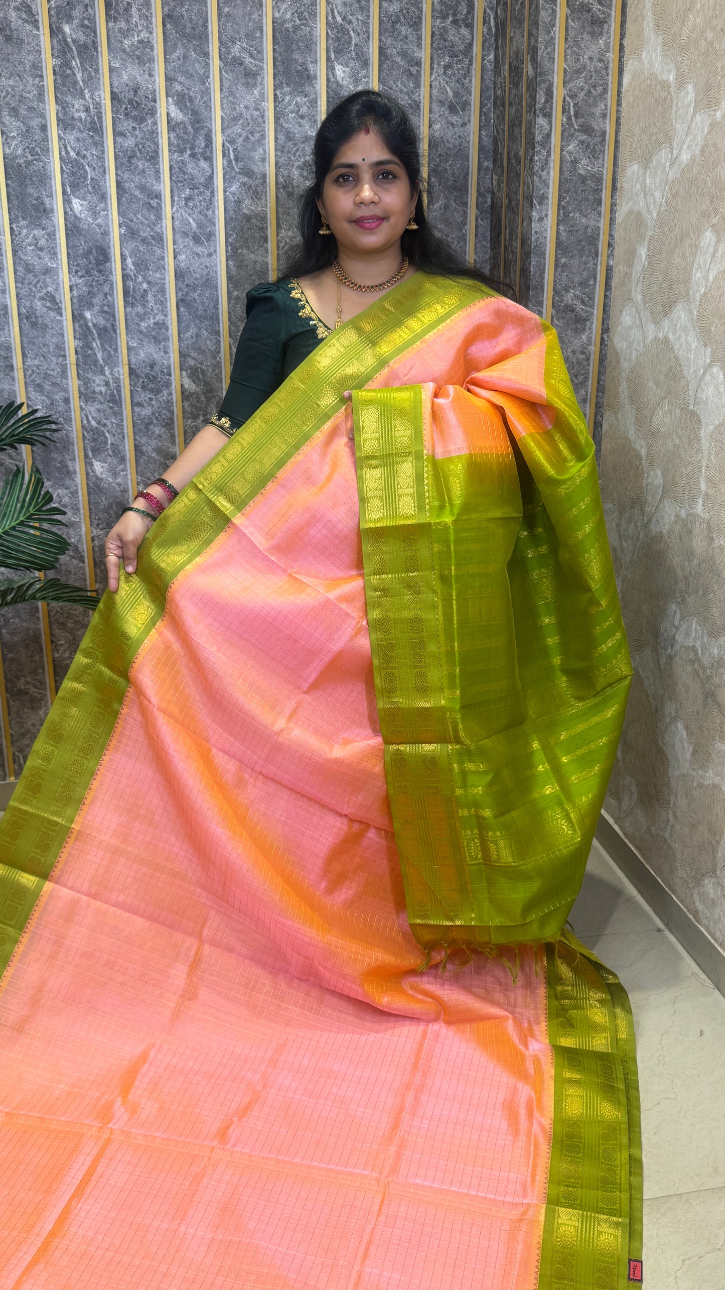 Zari Checks Pure Silk Cotton Saree with Korvai Border