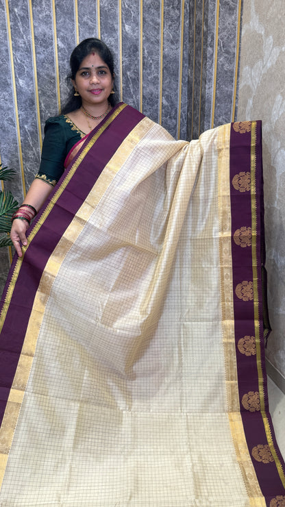 Thread Checks Pure Silk Cotton Saree with Korvai Border