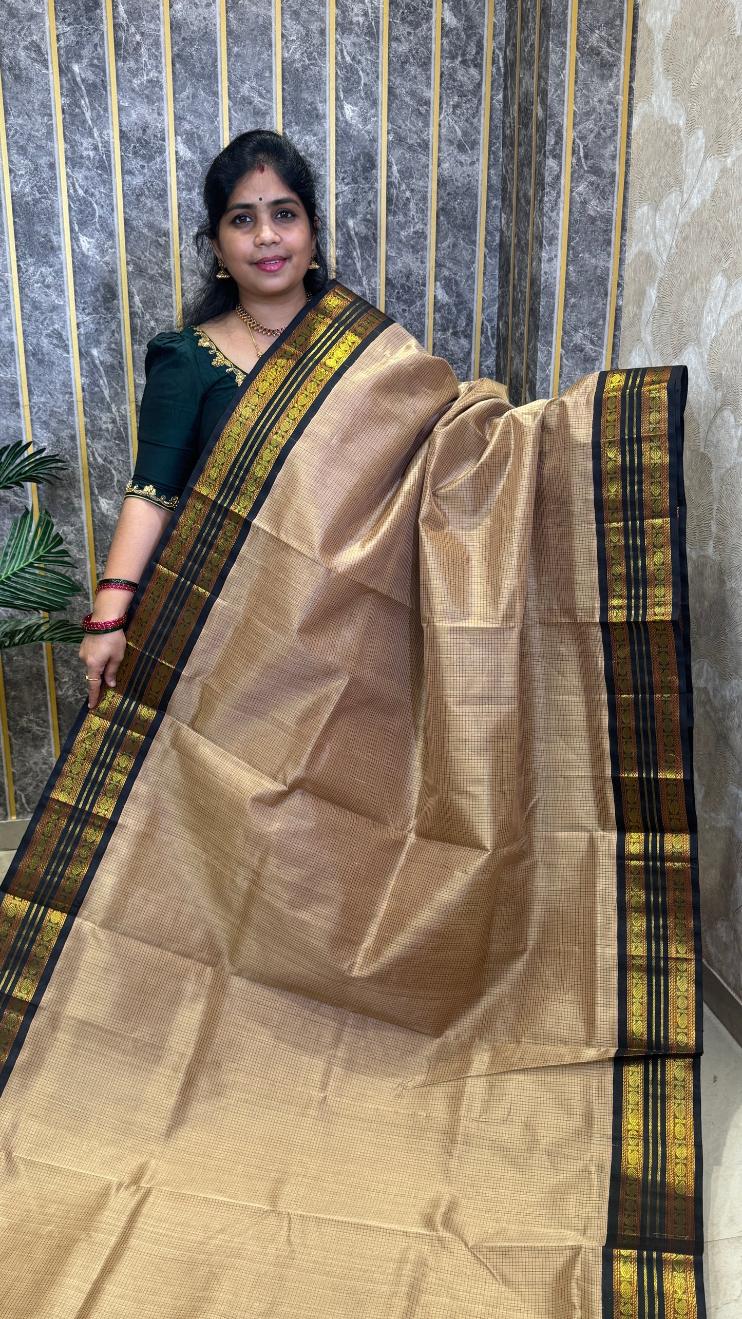 Thread Checks Pure Silk Cotton Saree with Korvai Border