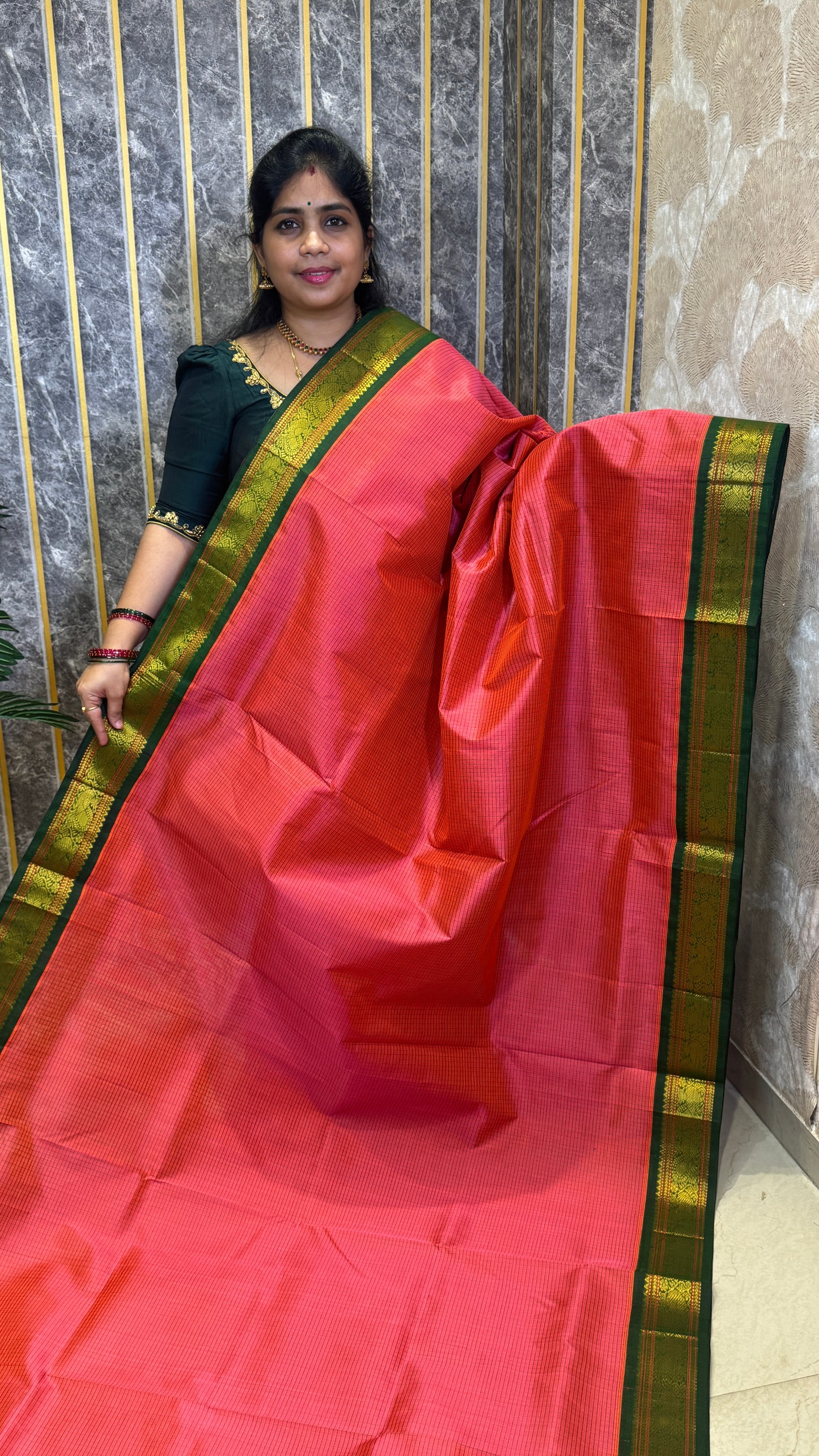 Thread Checks Pure Silk Cotton Saree with Korvai Border