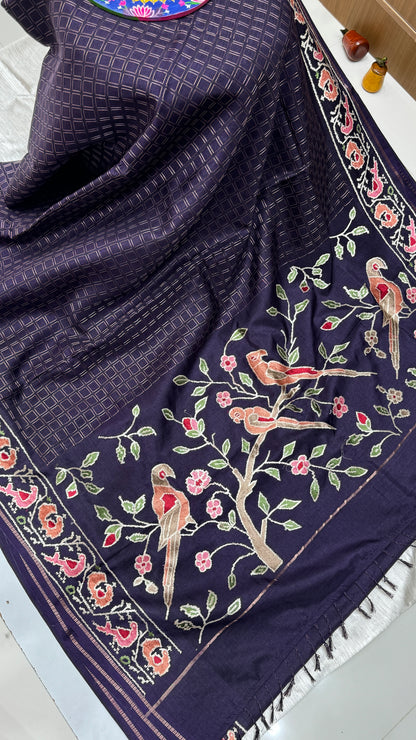Semi Tussar With Petit Point Embroidery Border