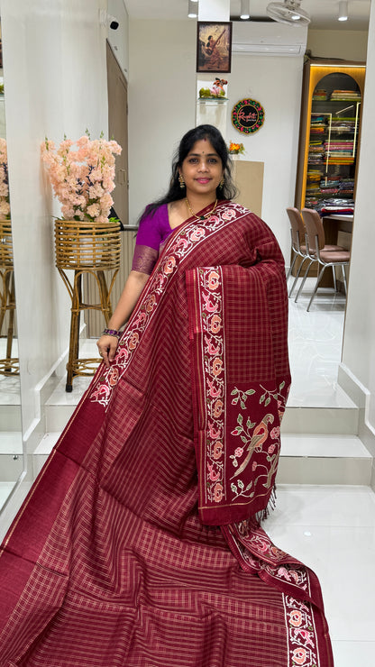 Semi Tussar With Petit Point Embroidery Border