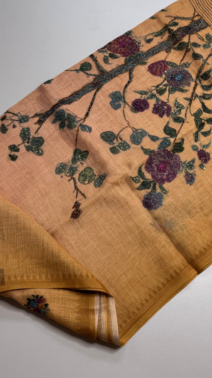 French Knot Embroidered Linen Tissue Saree