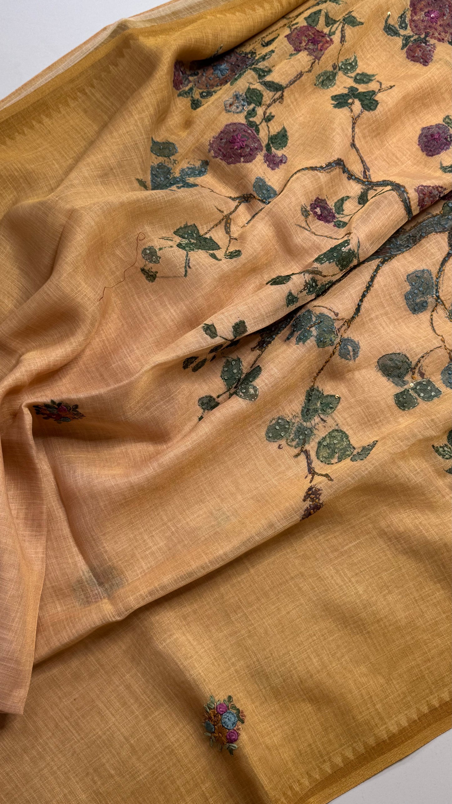 French Knot Embroidered Linen Tissue Saree