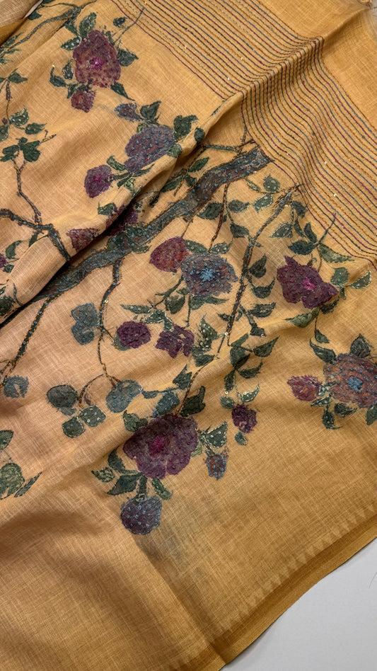 French Knot Embroidered Linen Tissue Saree
