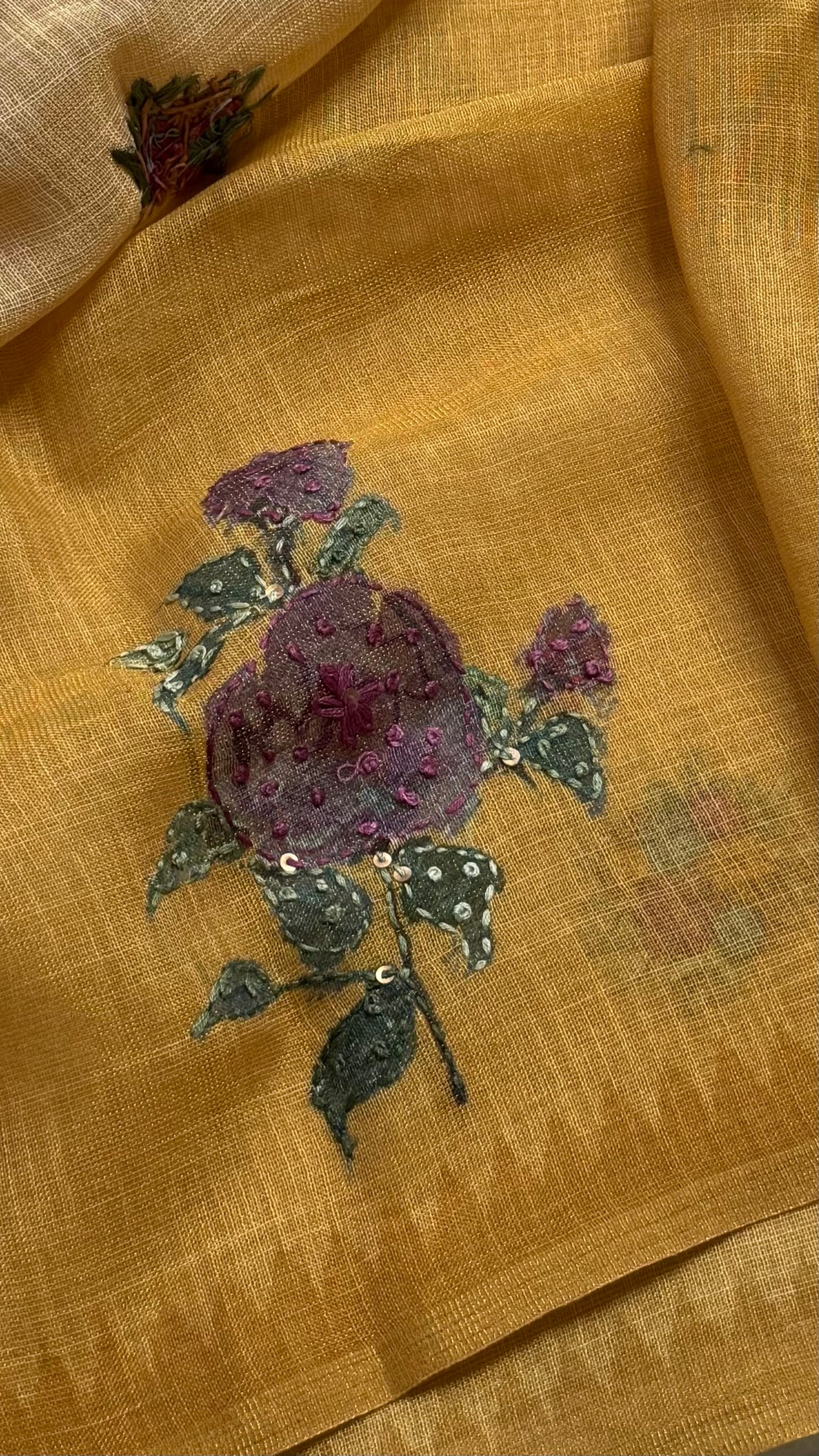 French Knot Embroidered Linen Tissue Saree