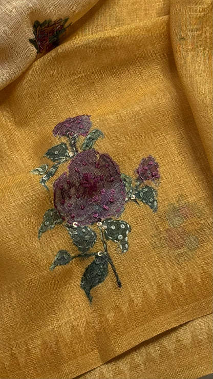 French Knot Embroidered Linen Tissue Saree
