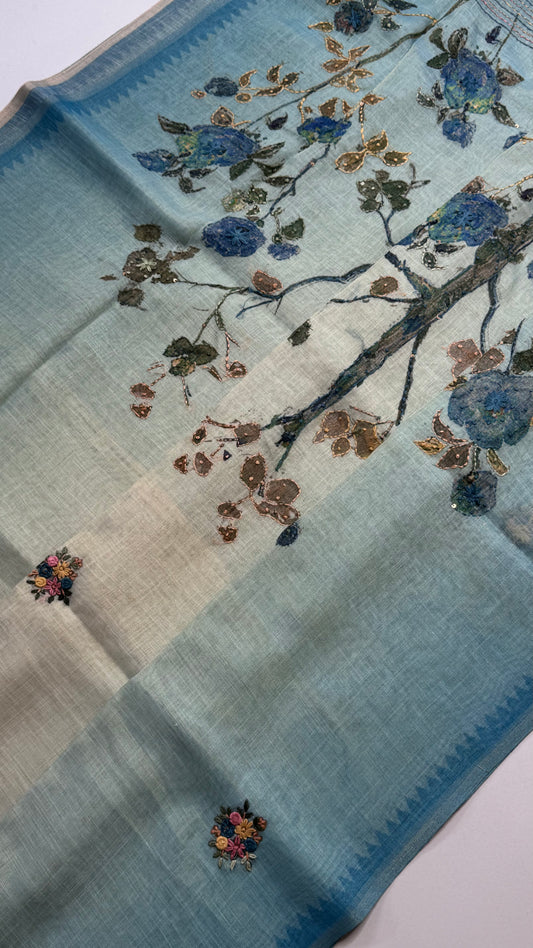 French Knot Embroidered Linen Tissue Saree