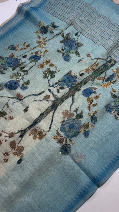French Knot Embroidered Linen Tissue Saree