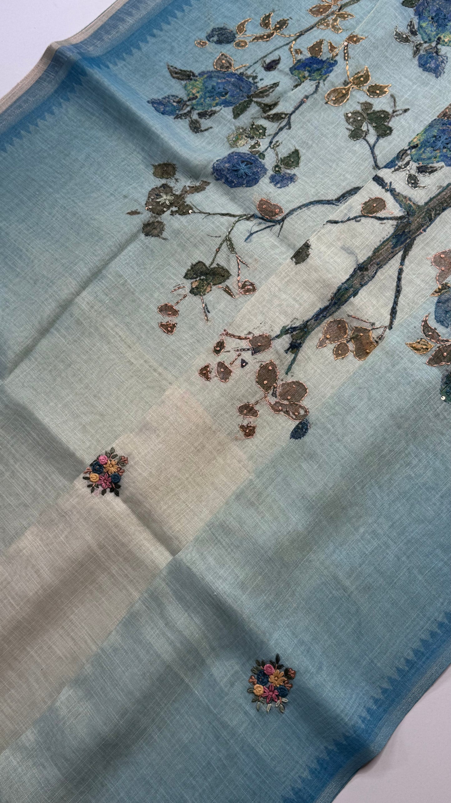 French Knot Embroidered Linen Tissue Saree