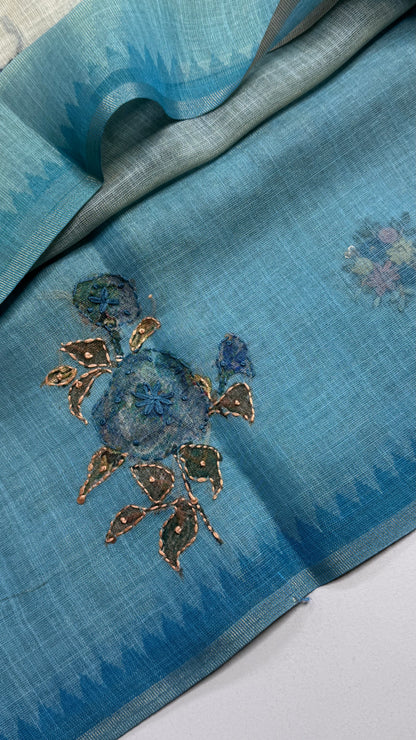 French Knot Embroidered Linen Tissue Saree