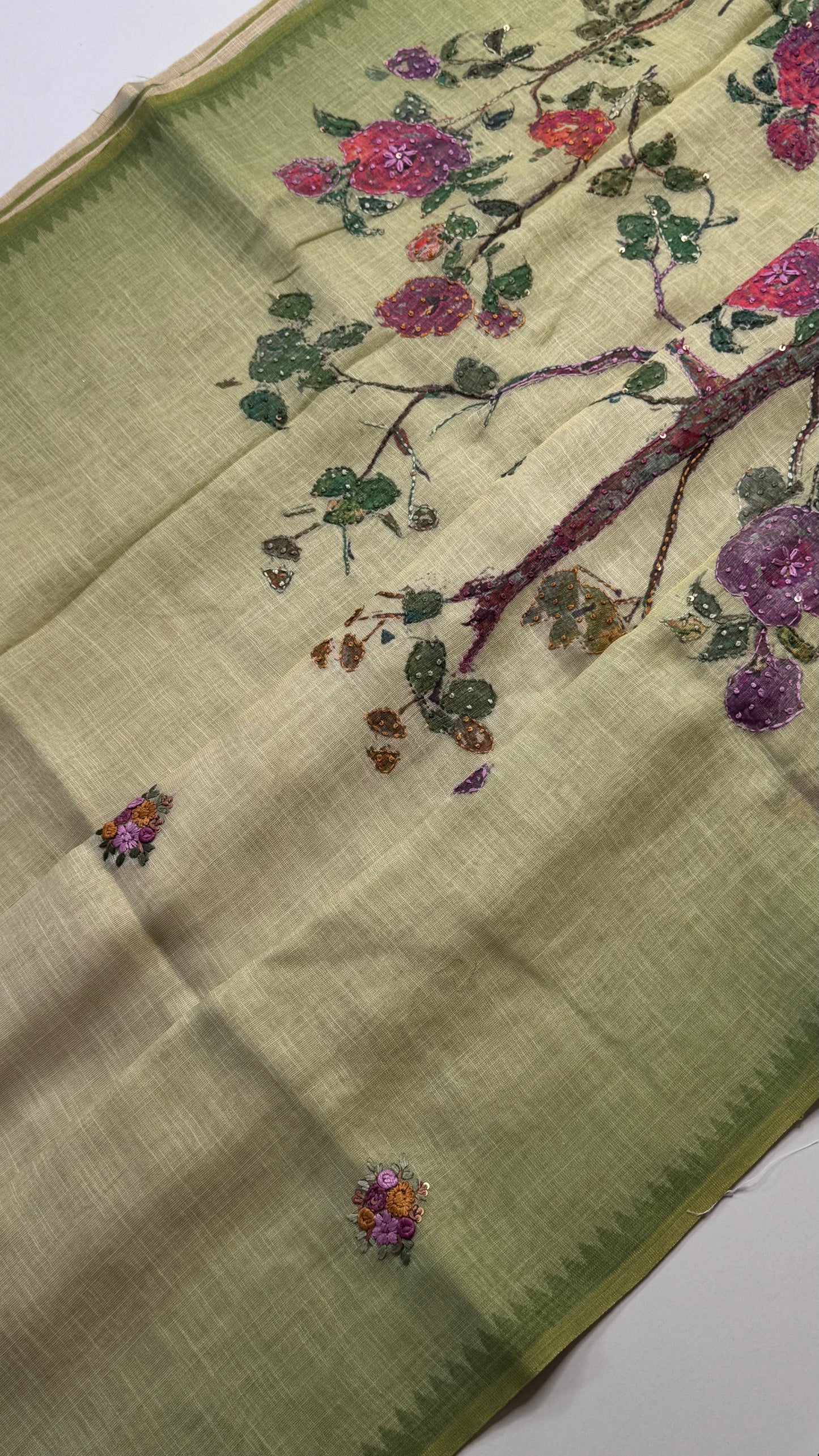 French Knot Embroidered Linen Tissue Saree
