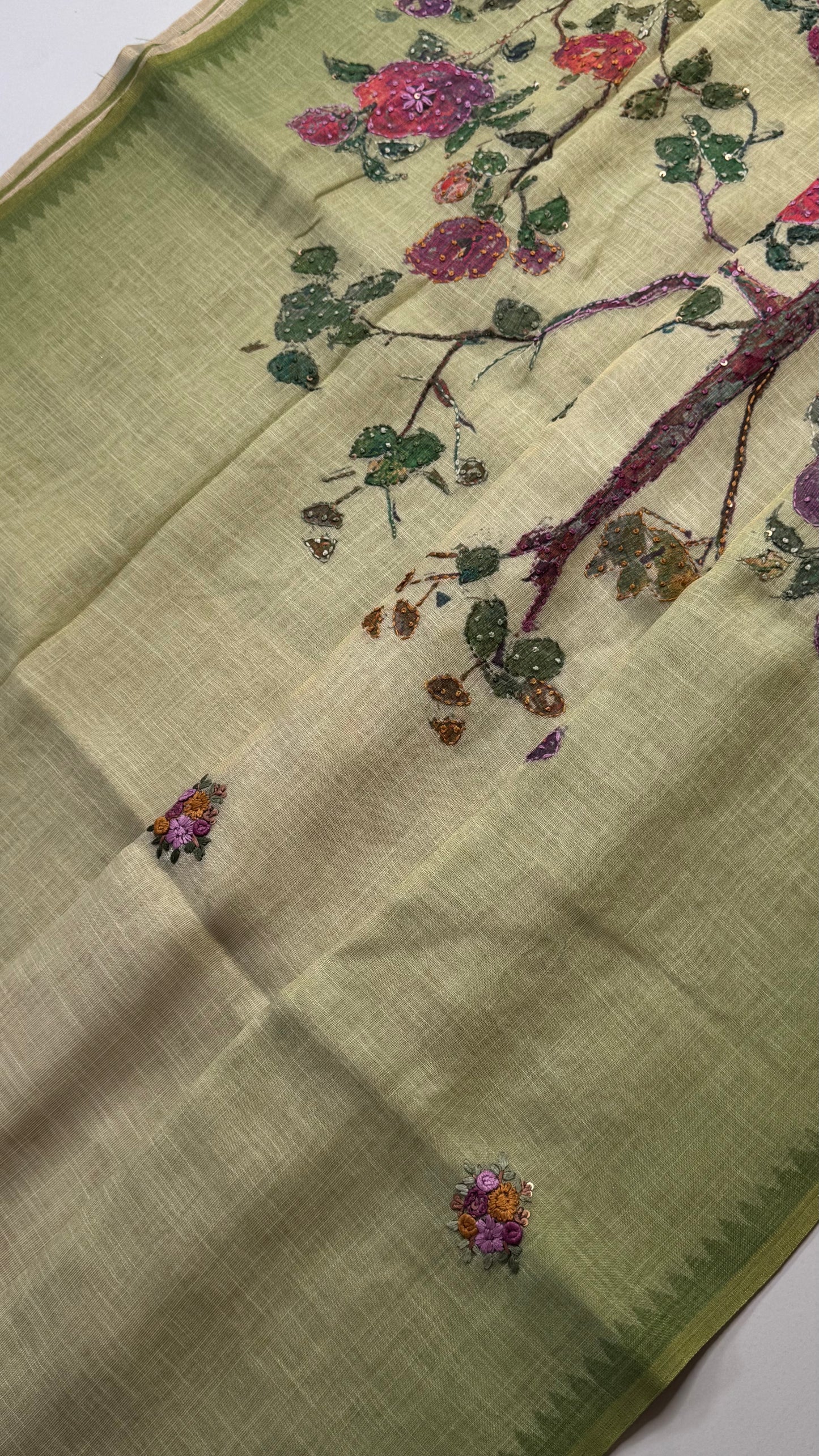French Knot Embroidered Linen Tissue Saree