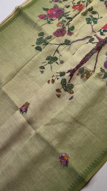 French Knot Embroidered Linen Tissue Saree