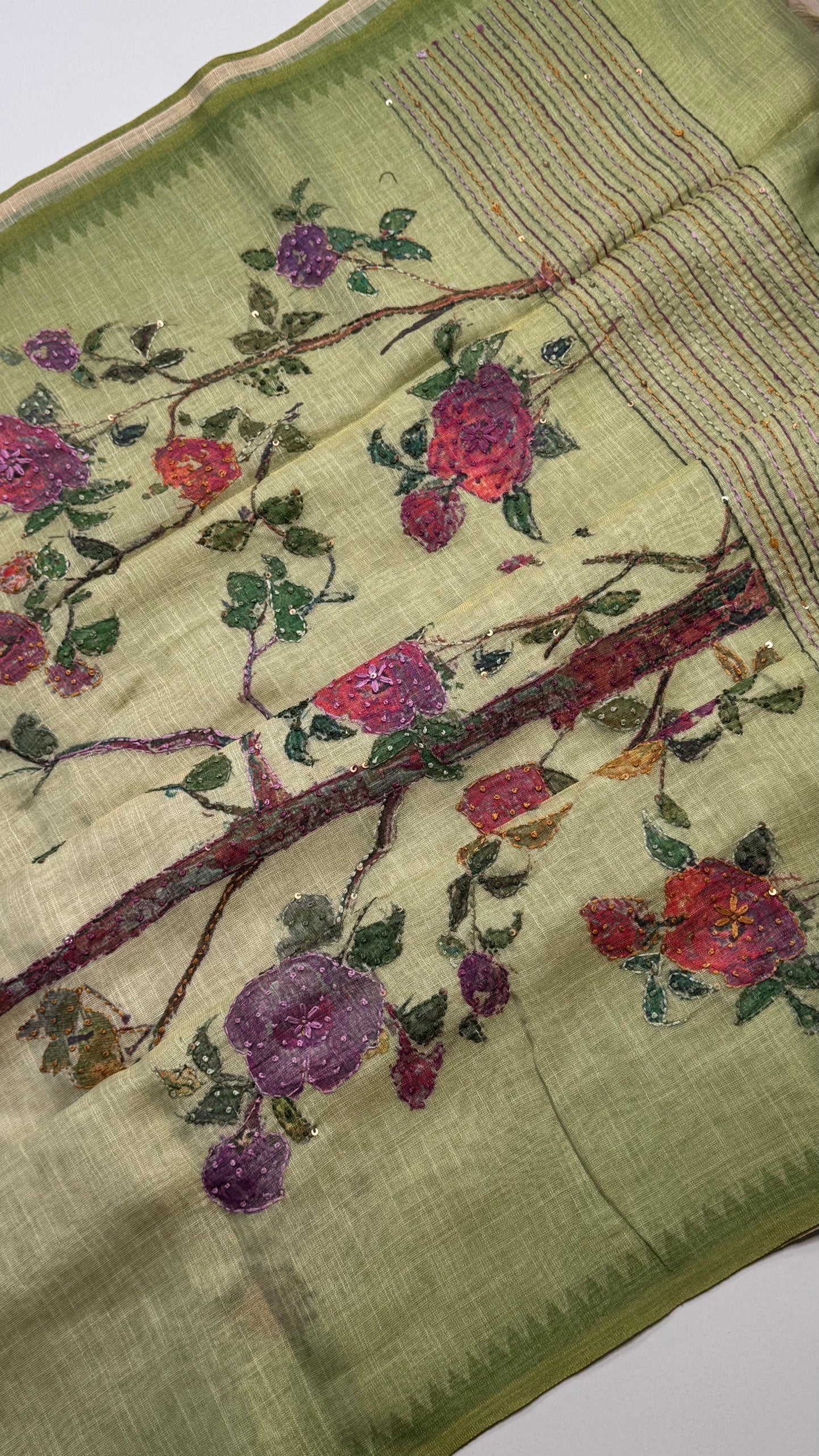 French Knot Embroidered Linen Tissue Saree