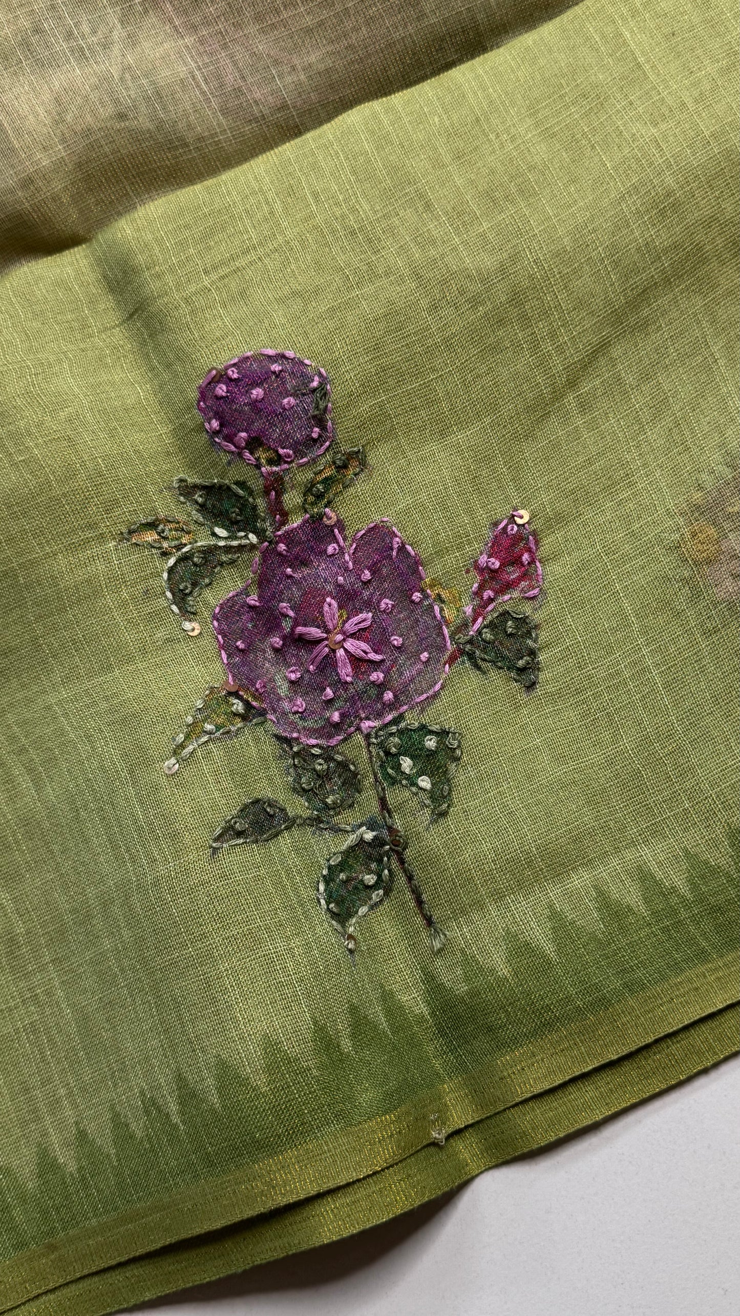 French Knot Embroidered Linen Tissue Saree