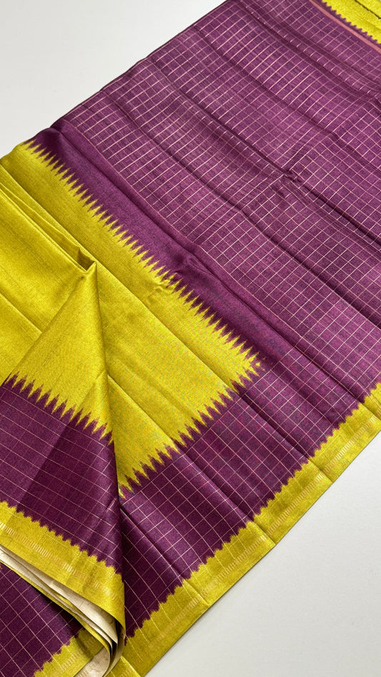 Semi Raw Silk Saree with Contrast Checks Border