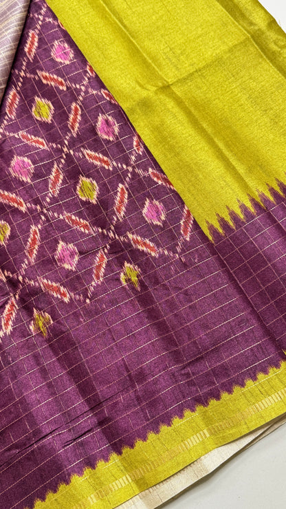 Semi Raw Silk Saree with Contrast Checks Border