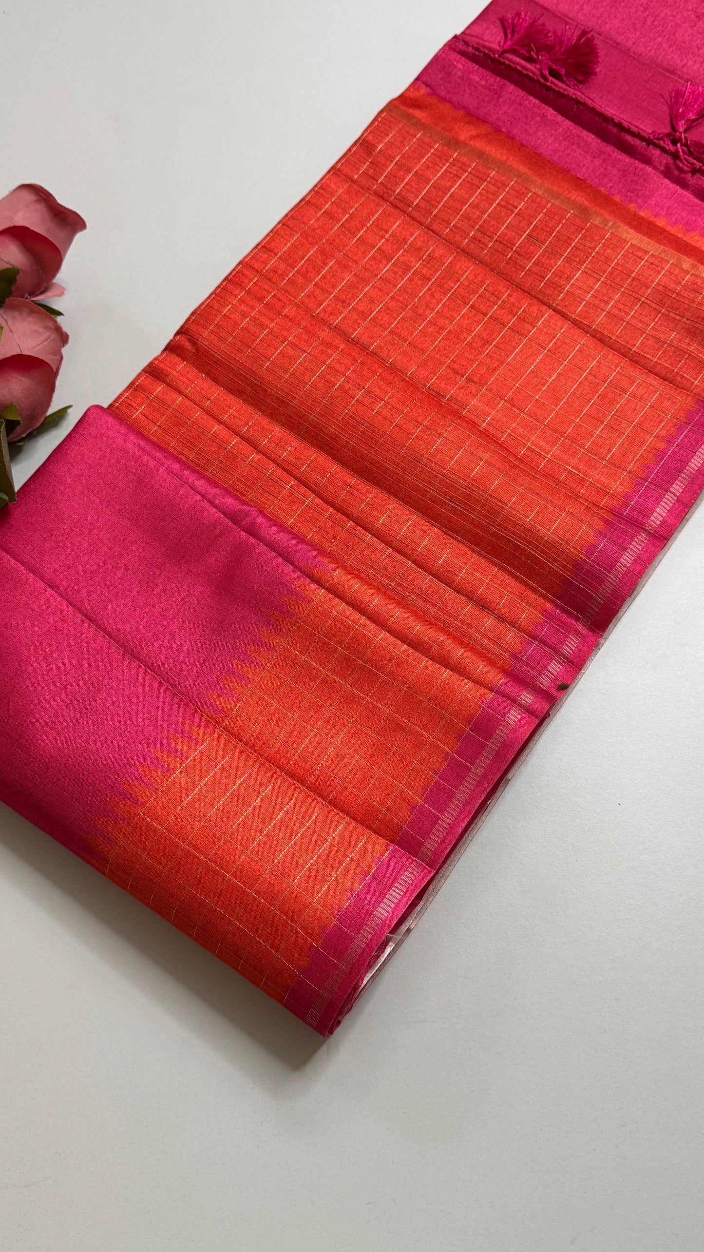 Semi Raw Silk Saree with Contrast Checks Border