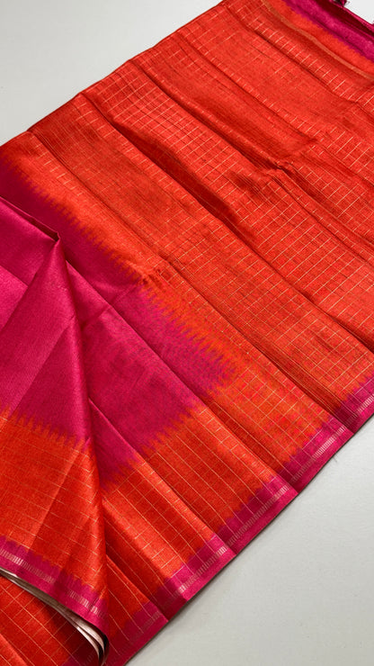 Semi Raw Silk Saree with Contrast Checks Border