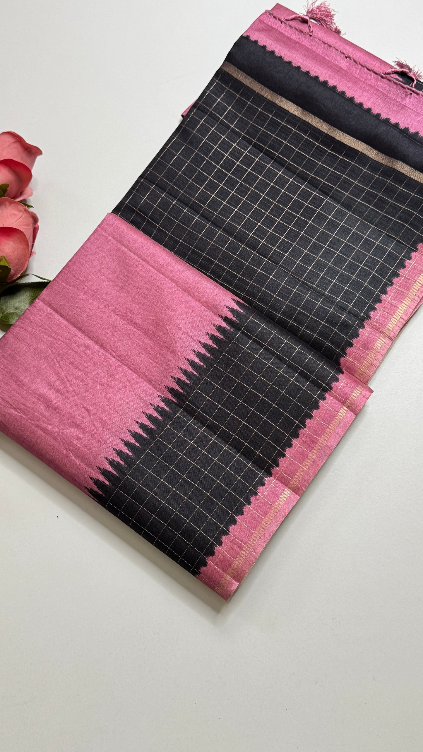 Semi Raw Silk Saree with Contrast Checks Border