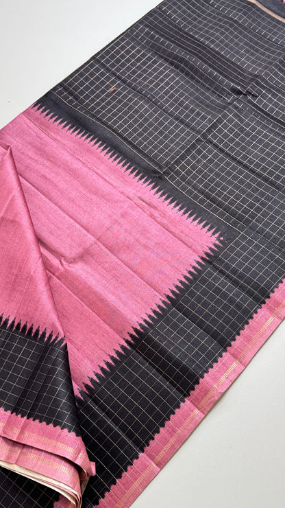 Semi Raw Silk Saree with Contrast Checks Border