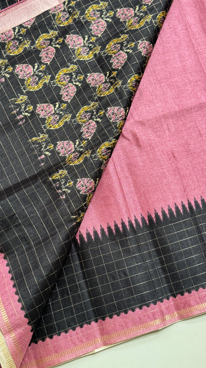 Semi Raw Silk Saree with Contrast Checks Border