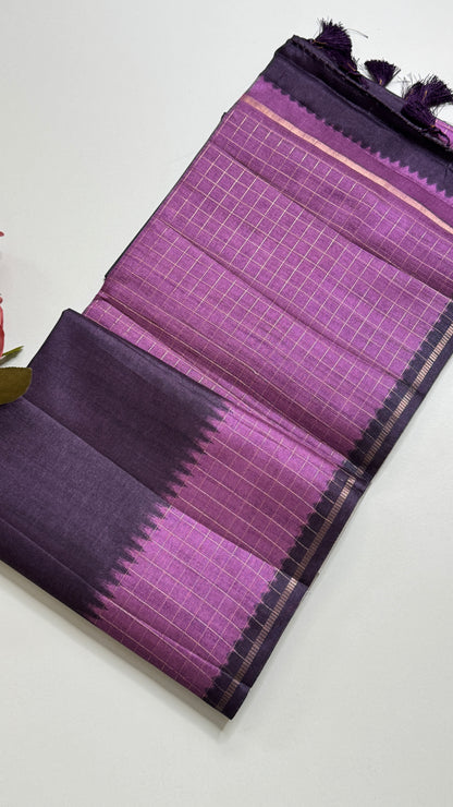 Semi Raw Silk Saree with Contrast Checks Border