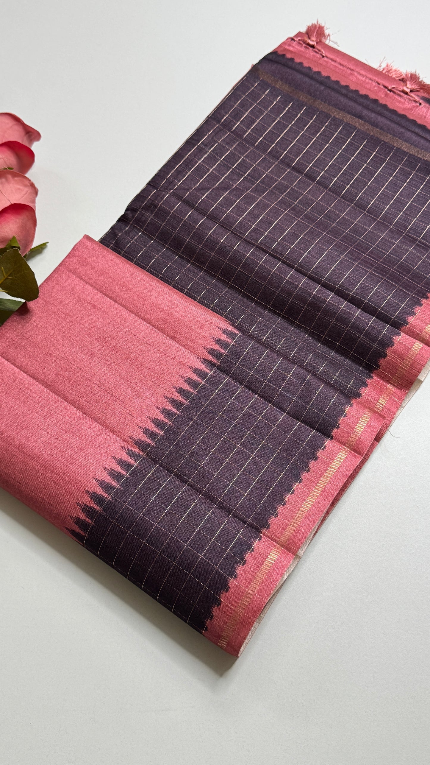 Semi Raw Silk Saree with Contrast Checks Border