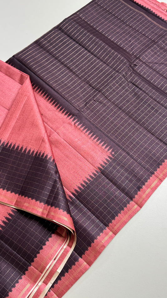 Semi Raw Silk Saree with Contrast Checks Border